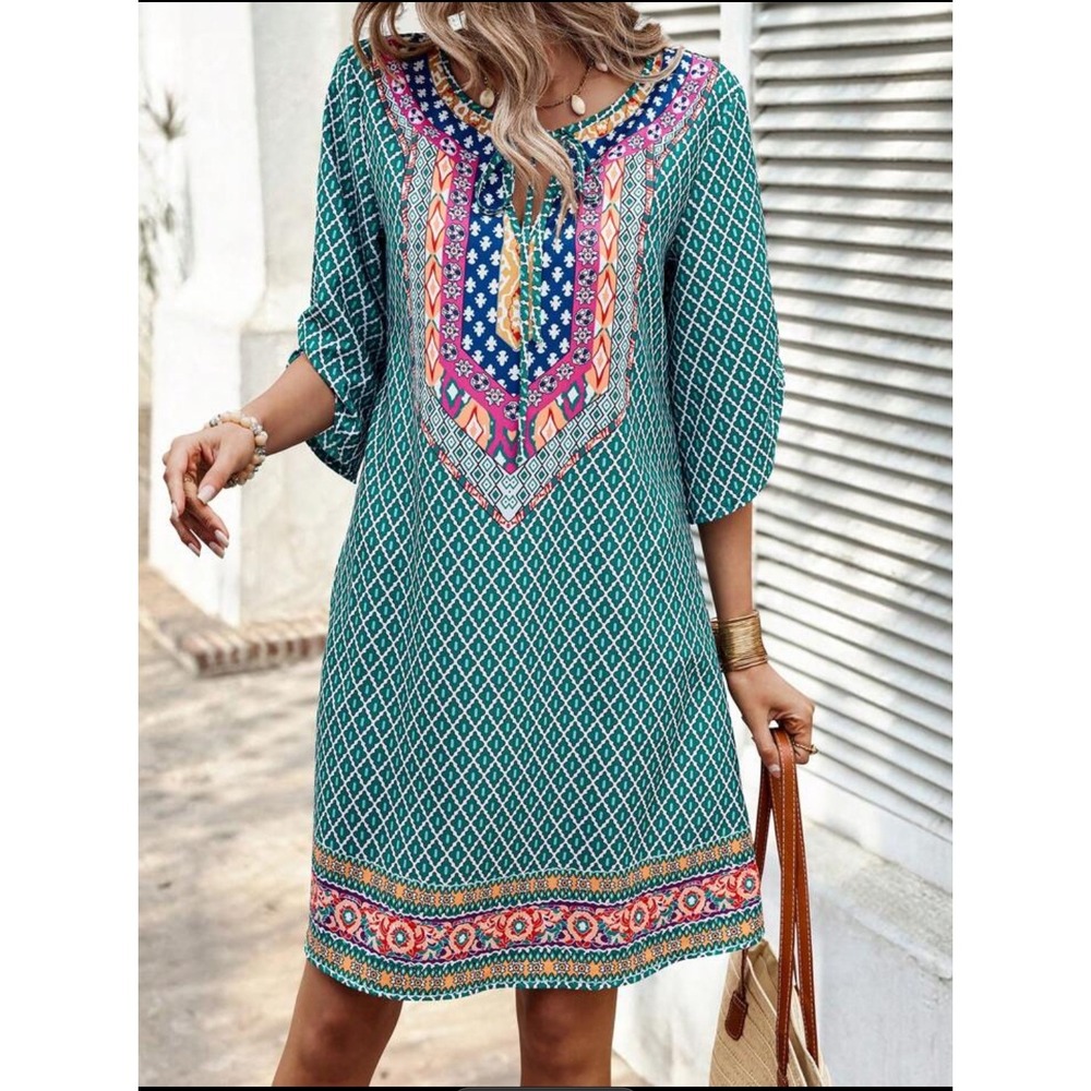 Women's Plus 0X‎ Geometric Bohemian Shift Midi Dress Ruched 3/4 Sleeve Peasant - Picture 7 of 9